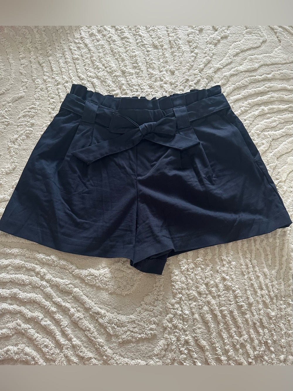 Zara Navy High-Waist Tie-Belt Paperbag Shorts